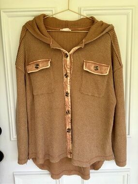 Waffle-Knit Hooded Button-Front Cardigan in Tan